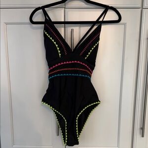 Popvil 💥 Black Swimsuit with Colorful Trim L